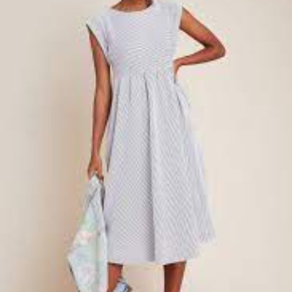 Anthropologie Maeve Blue White Stripe  Pockets Tee Stretchy Midi Everyday Dress